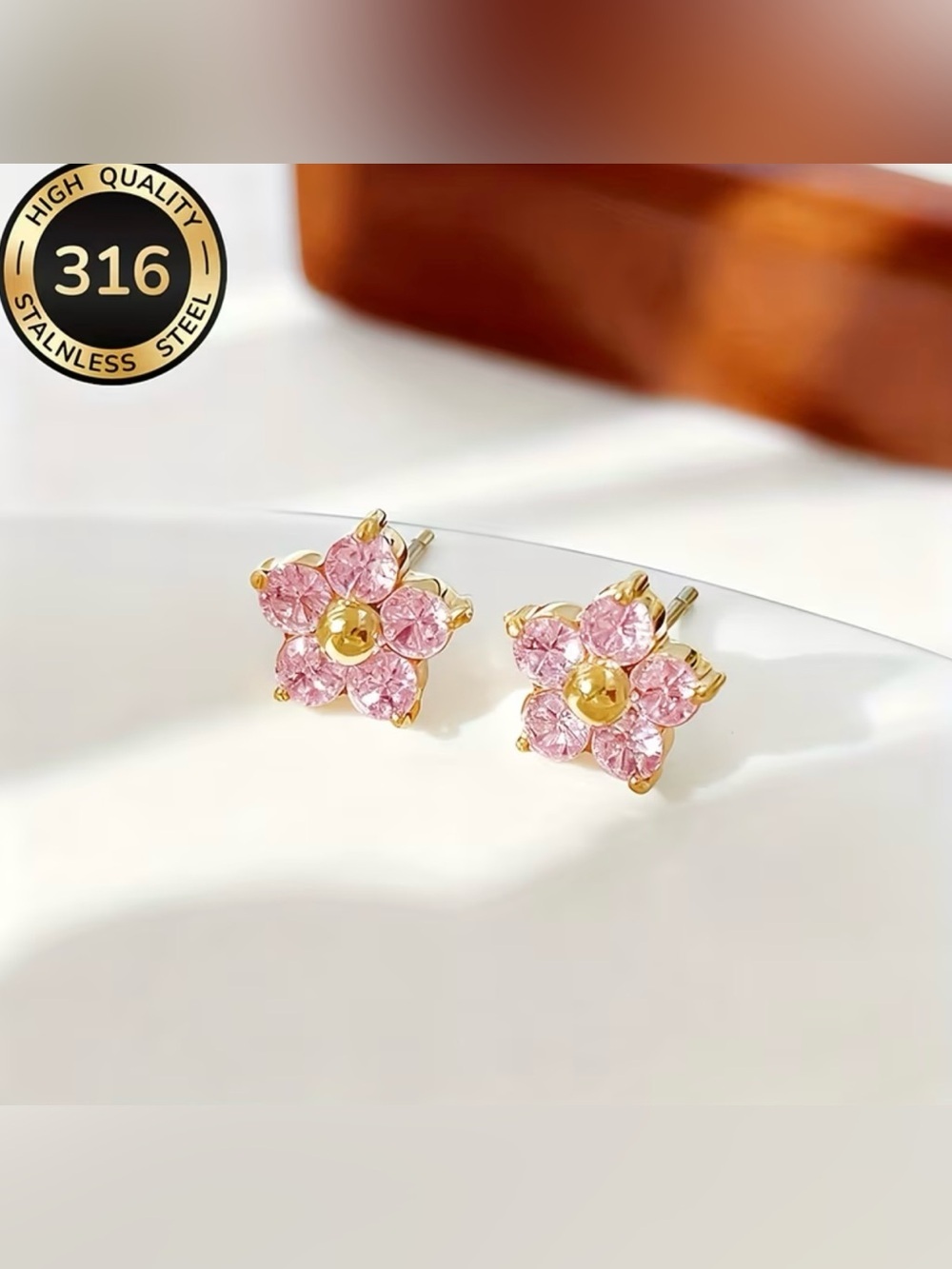 NEW! Elegant Gold-Plated Pink Flower Stud Earrings 🌸 A6-187